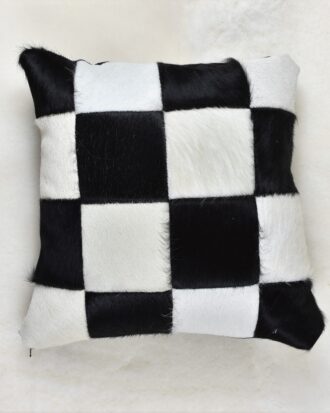 Cowhide Leather Pillow Check Patchwork Black & White