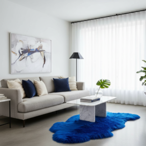 Nowoczesny salon domu ze stylową niebieską naturalną skórą owczą