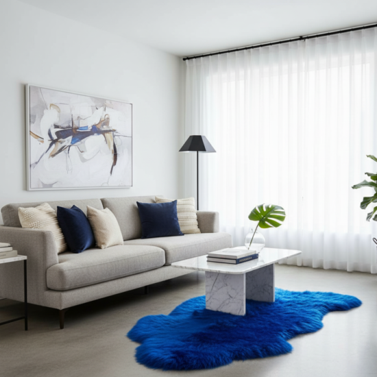 Nowoczesny salon domu ze stylową niebieską naturalną skórą owczą
